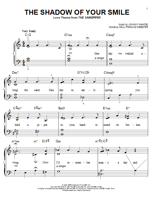 Johnny Mandel The Shadow Of Your Smile sheet music notes and chords. Download Printable PDF.