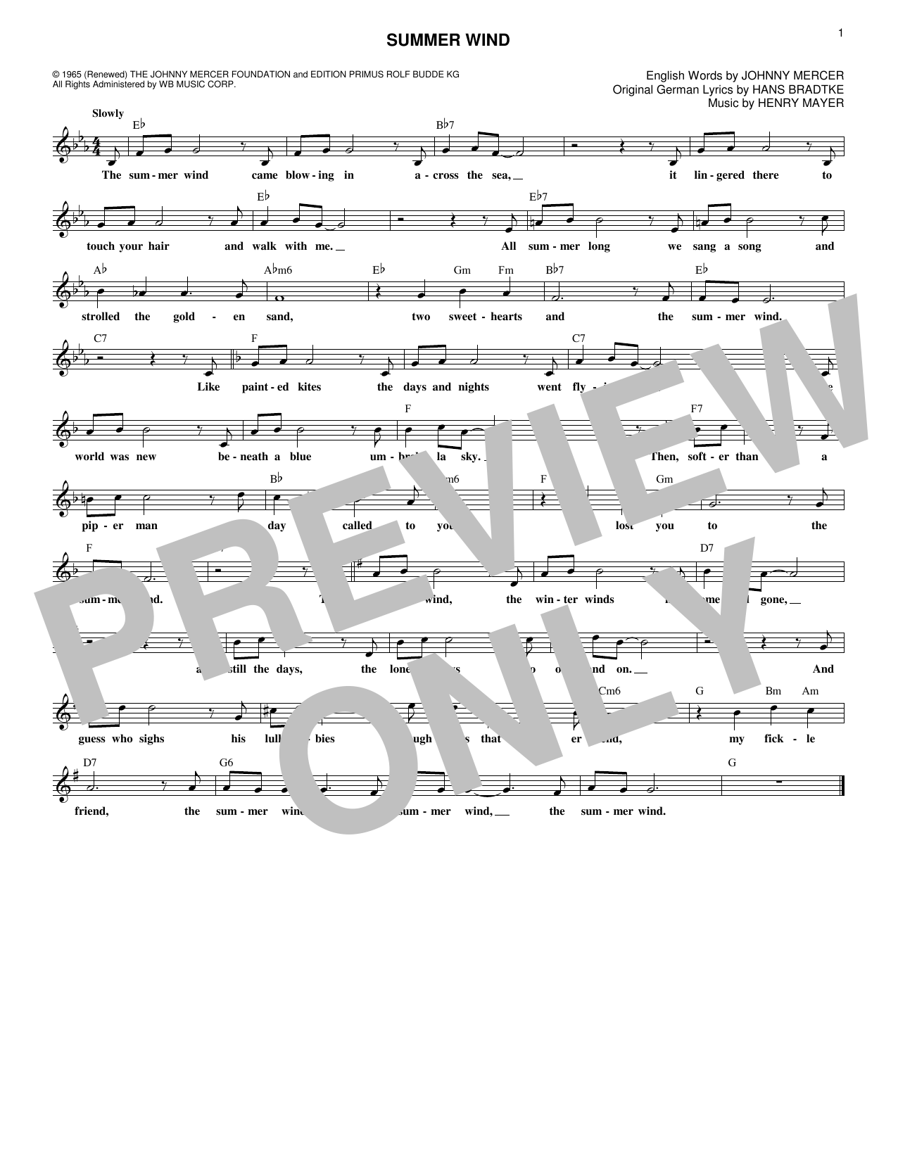 Johnny Mercer Summer Wind sheet music notes and chords. Download Printable PDF.