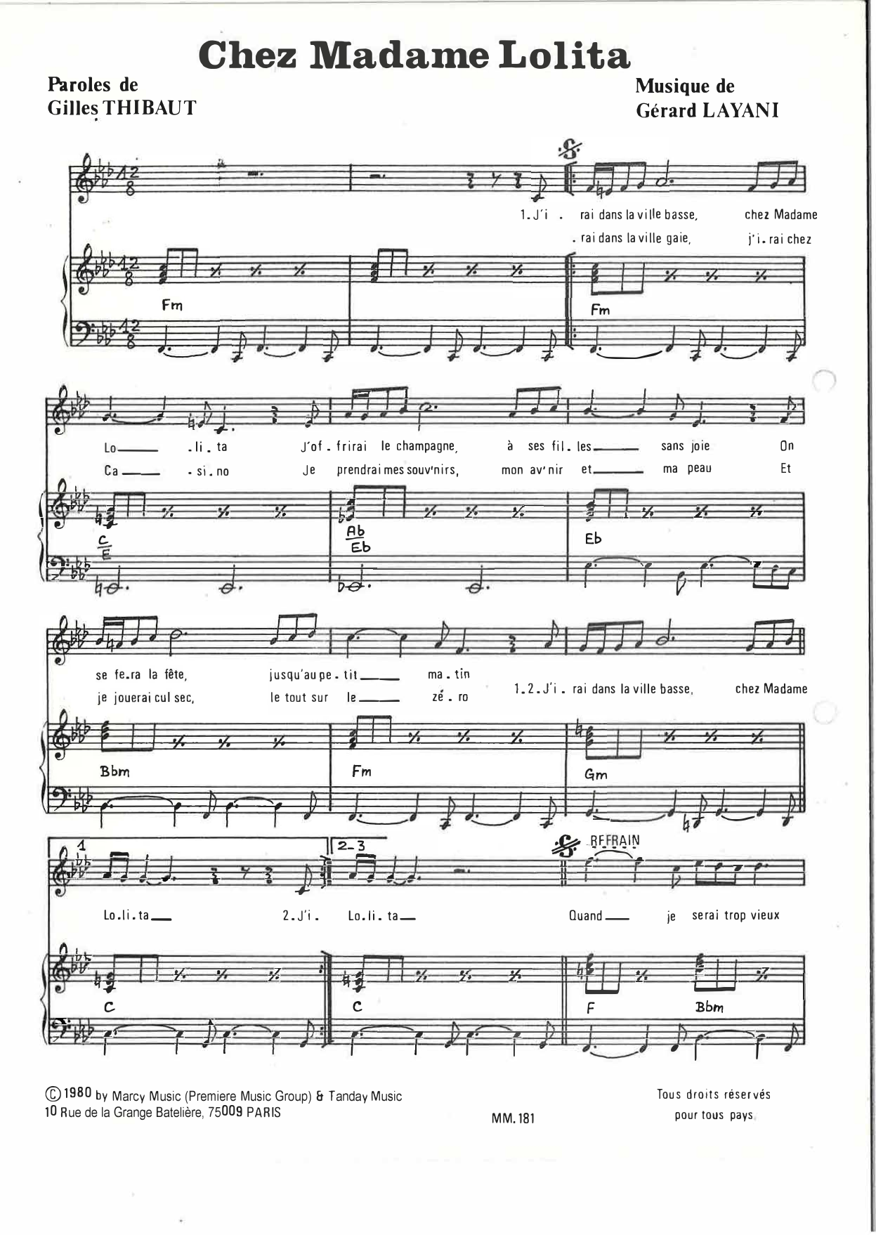 Johny HALLYDAY Chez Madame Lolita sheet music notes and chords arranged for Piano & Vocal