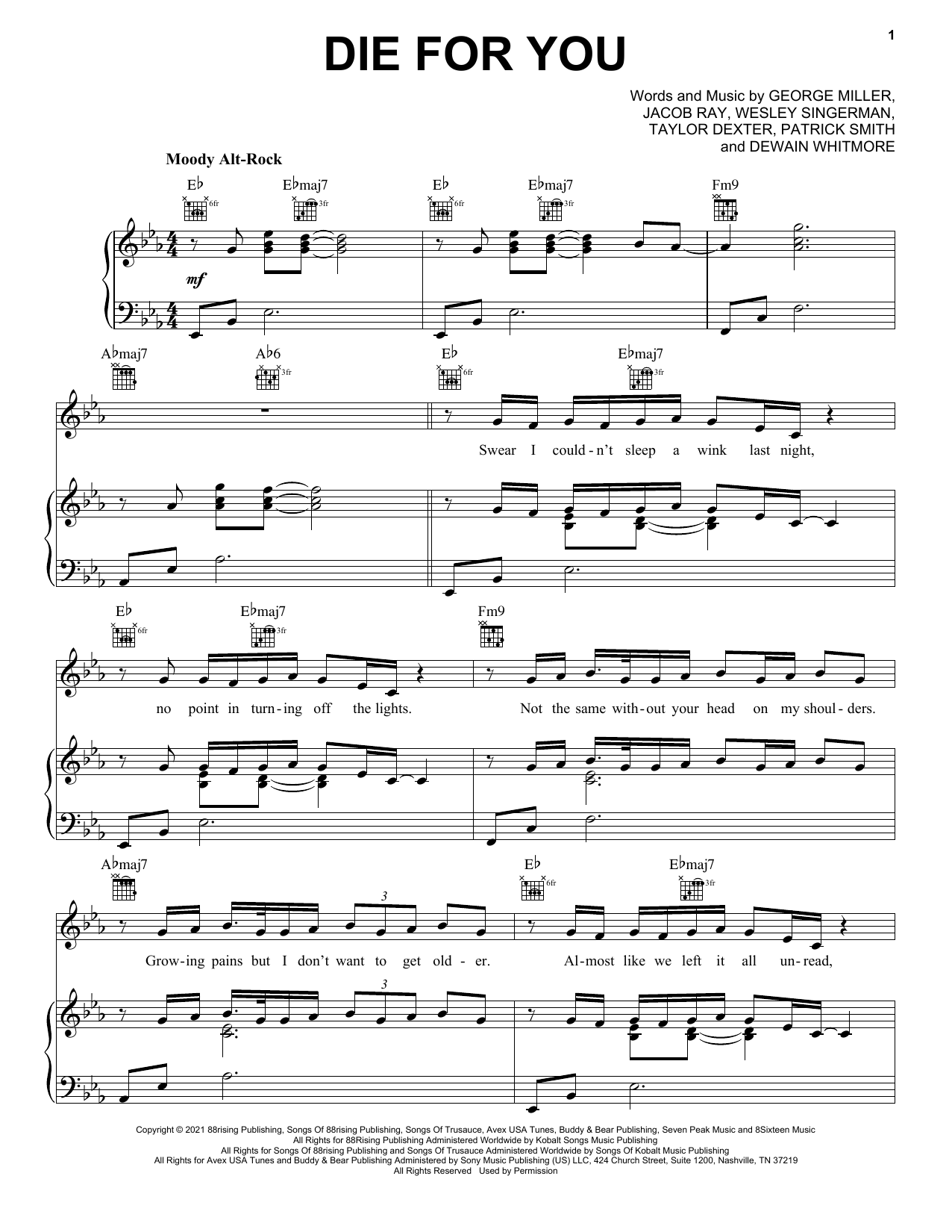 Joji Die For You sheet music notes and chords arranged for Piano, Vocal & Guitar Chords (Right-Hand Melody)