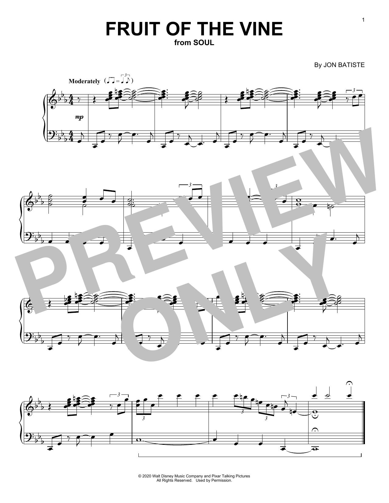 Jon Batiste Fruit Of The Vine (from Soul) sheet music notes and chords arranged for Piano Solo