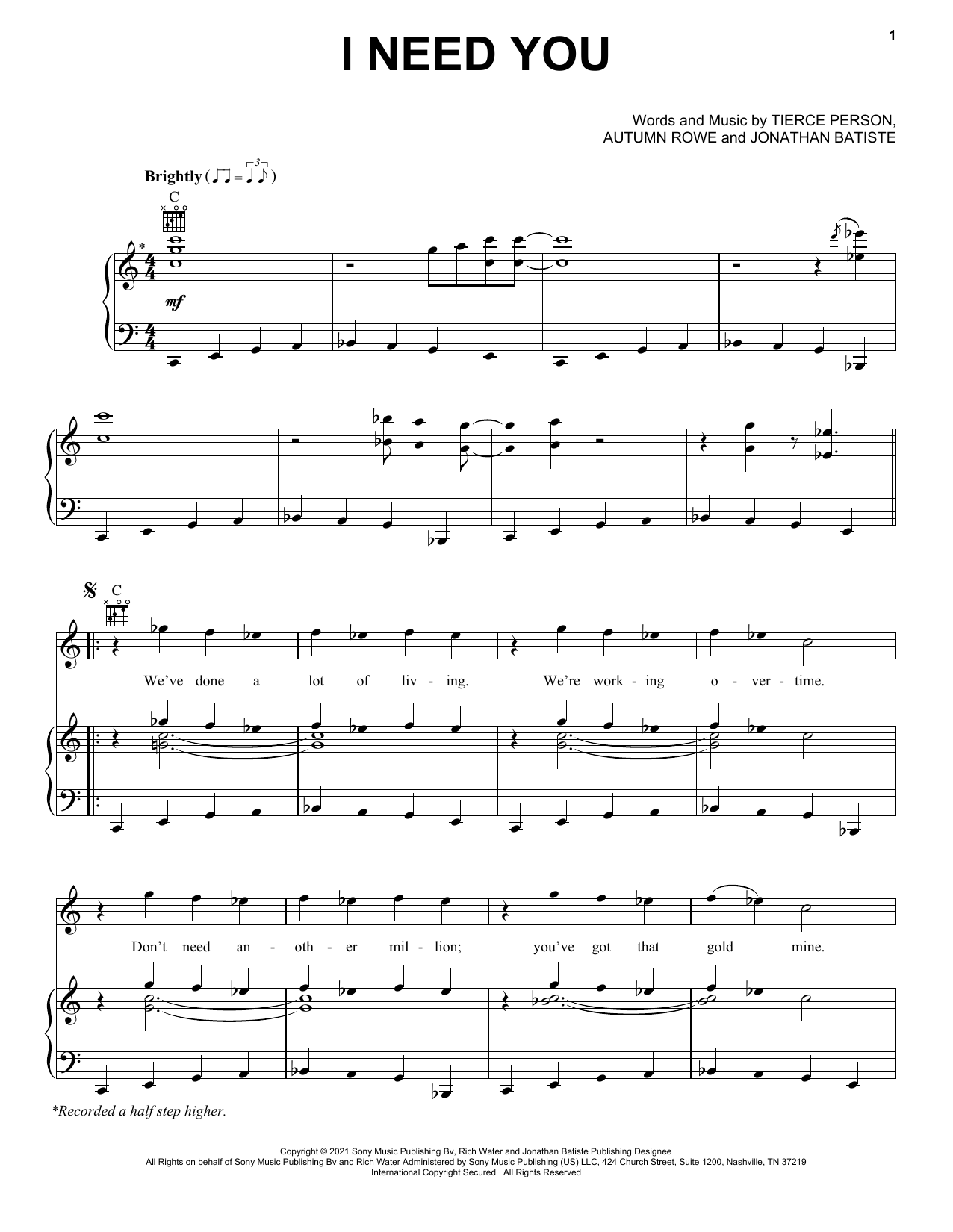 Jon Batiste I NEED YOU sheet music notes and chords arranged for Piano, Vocal & Guitar Chords (Right-Hand Melody)
