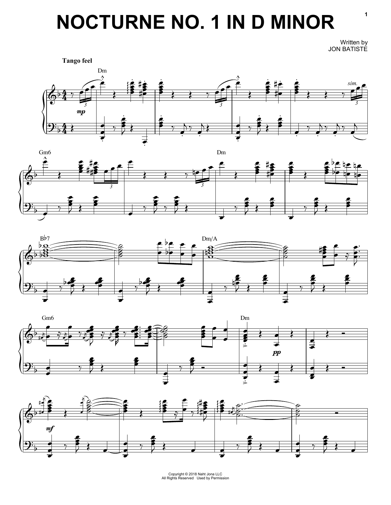 Jon Batiste Nocturne No. 1 In D Minor sheet music notes and chords arranged for Piano Solo
