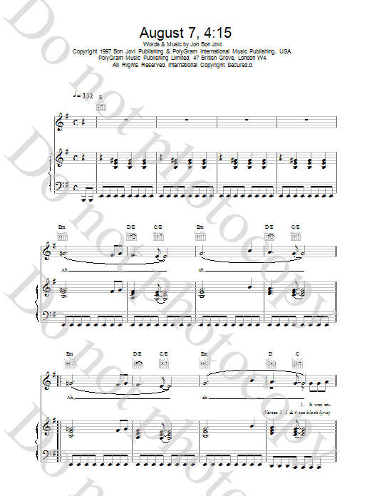 Jon Bon Jovi August 7, 4:15 sheet music notes and chords arranged for Piano, Vocal & Guitar Chords