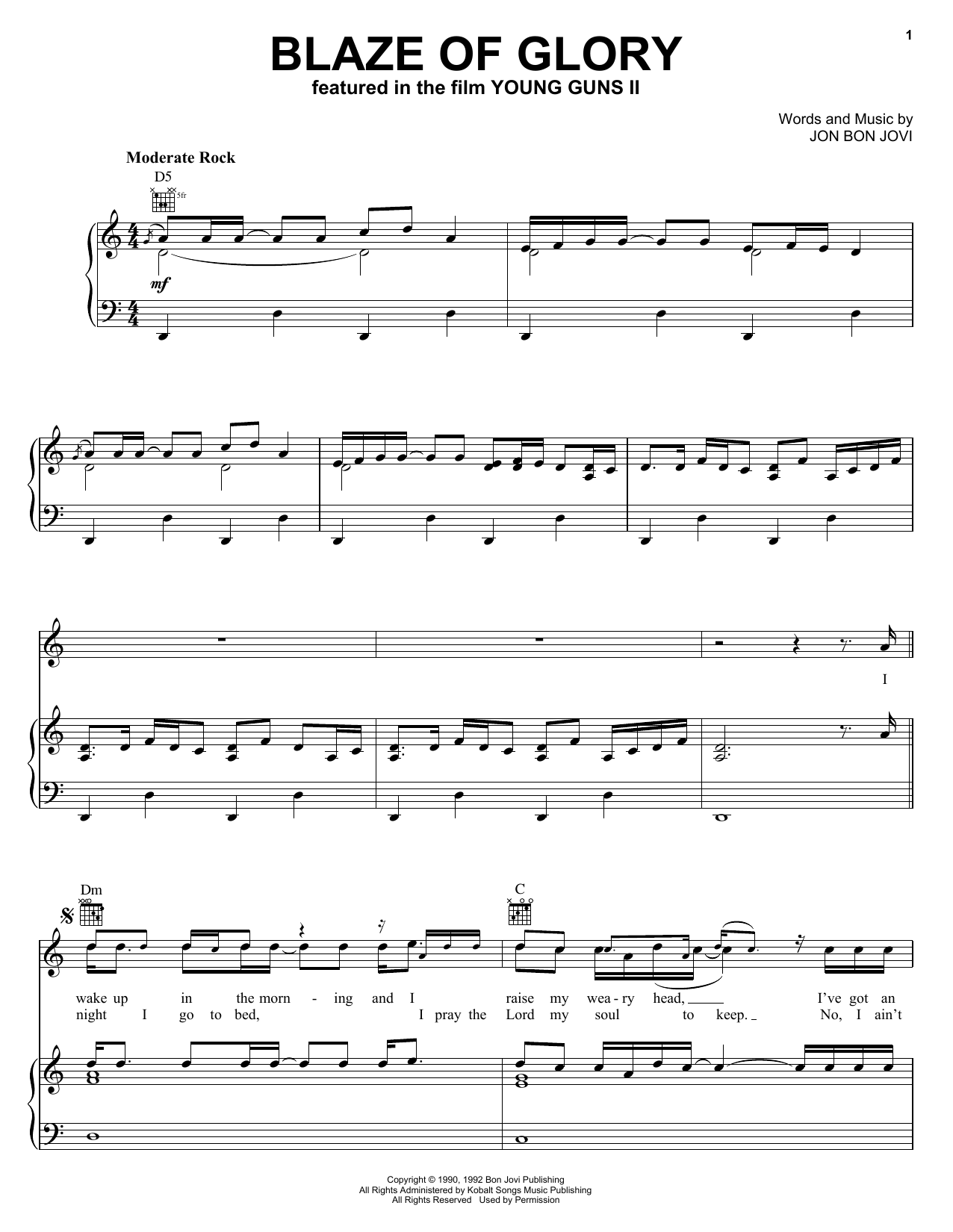 Jon Bon Jovi Blaze Of Glory sheet music notes and chords arranged for Easy Piano