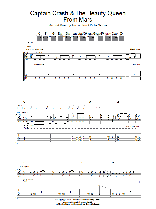 Jon Bon Jovi Captain Crash & The Beauty Queen From Mars sheet music notes and chords arranged for Guitar Tab