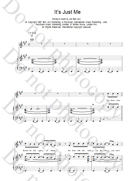 Jon Bon Jovi It's Just Me sheet music notes and chords arranged for Piano, Vocal & Guitar Chords