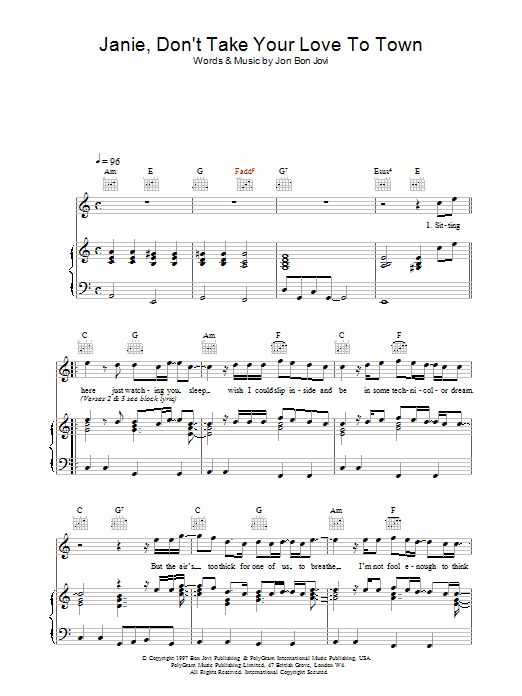 Jon Bon Jovi Janie, Don't Take Your Love To Town sheet music notes and chords arranged for Piano, Vocal & Guitar Chords