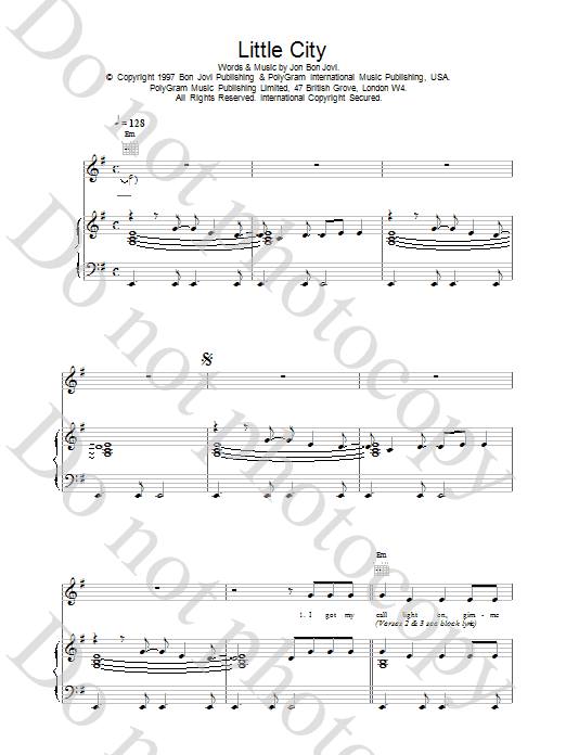 Jon Bon Jovi Little City sheet music notes and chords arranged for Piano, Vocal & Guitar Chords