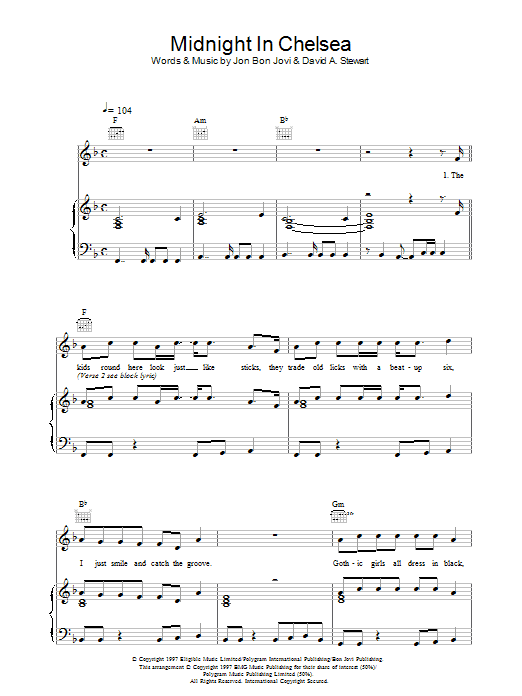 Jon Bon Jovi Midnight In Chelsea sheet music notes and chords arranged for Piano, Vocal & Guitar Chords