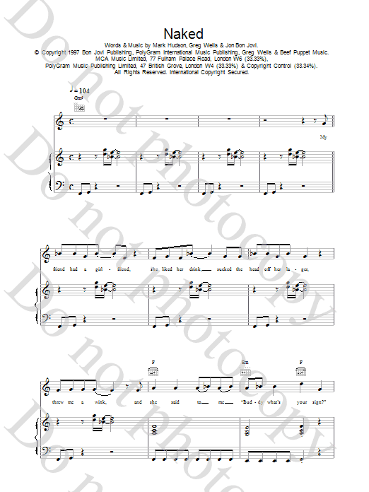 Jon Bon Jovi Naked sheet music notes and chords arranged for Piano, Vocal & Guitar Chords