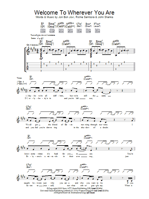 Jon Bon Jovi Welcome To Wherever You Are sheet music notes and chords arranged for Guitar Tab