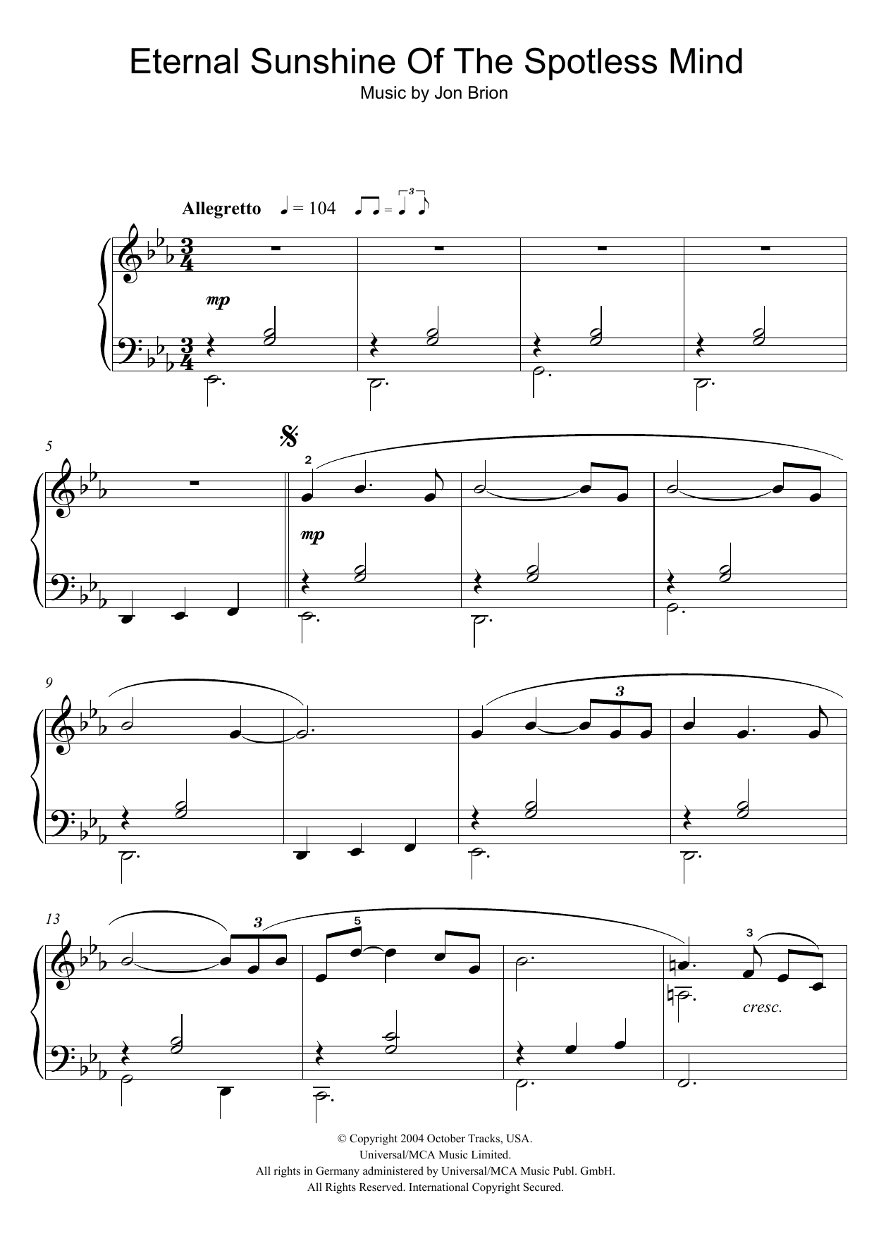 Jon Brion Eternal Sunshine Of The Spotless Mind (Theme) sheet music notes and chords arranged for Piano Chords/Lyrics