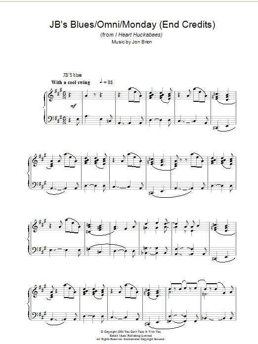 Jon Brion JB's Blues/Omni/Monday (End Credits) (from I Heart Huckabees) sheet music notes and chords arranged for Piano Solo