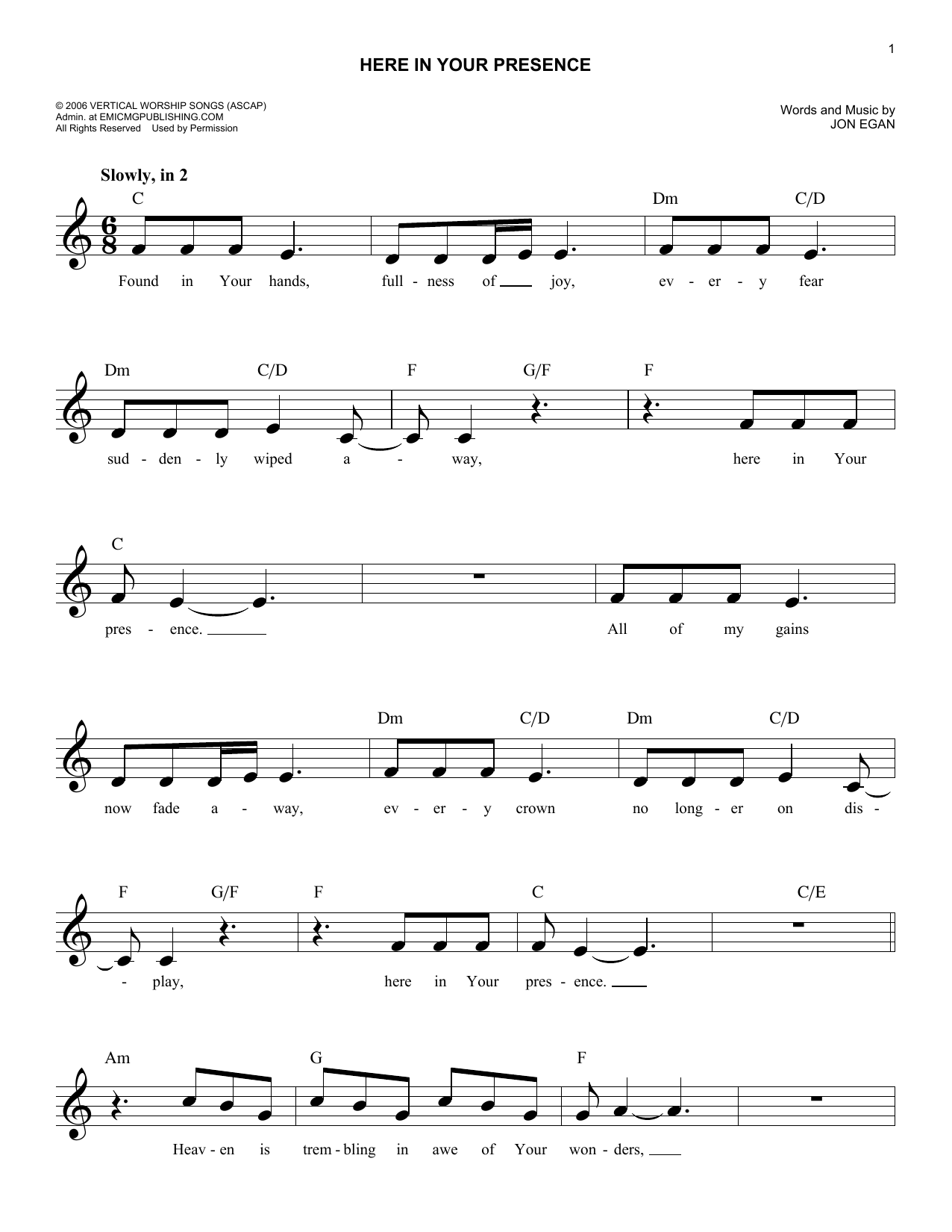 Jon Egan Here In Your Presence sheet music notes and chords arranged for Lead Sheet / Fake Book