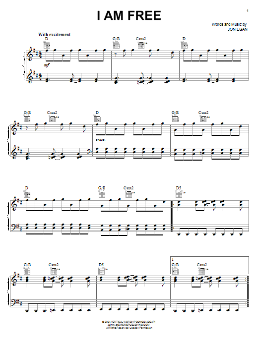 Jon Egan I Am Free sheet music notes and chords arranged for Piano, Vocal & Guitar Chords (Right-Hand Melody)