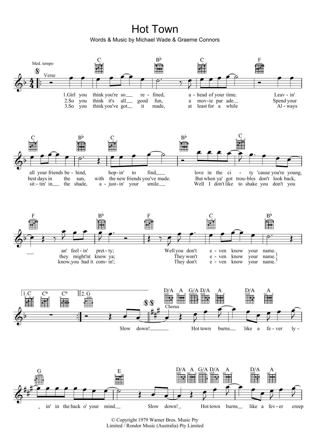 Jon English Hot Town sheet music notes and chords arranged for Lead Sheet / Fake Book