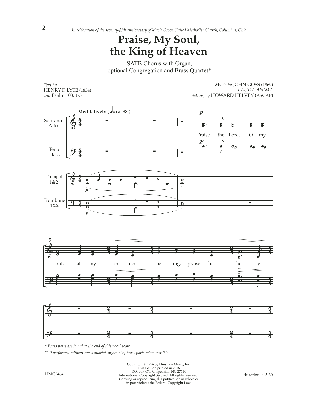 Jon Goss Praise, My Soul, The King of Heaven (arr. Howard Helvey) sheet music notes and chords arranged for SATB Choir