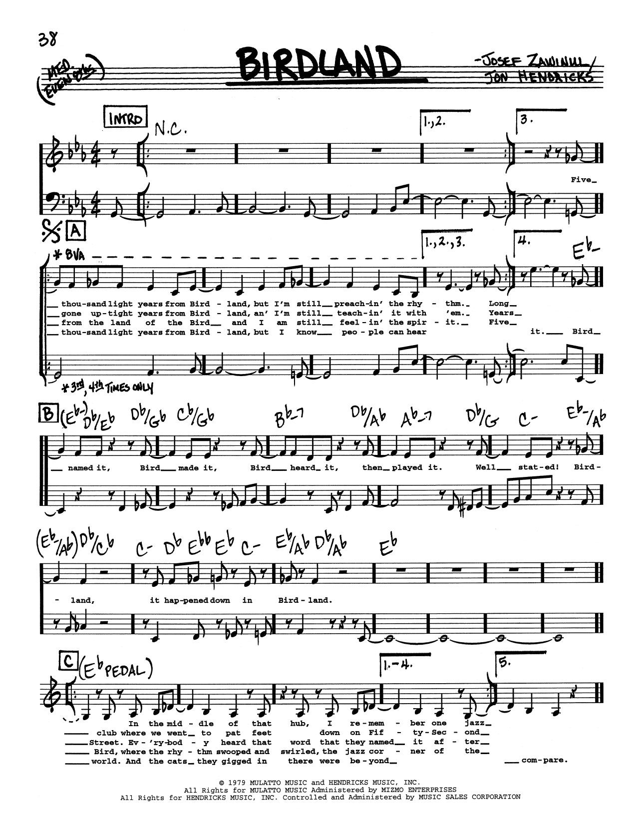 Jon Hendricks Birdland (Low Voice) sheet music notes and chords arranged for Real Book – Melody, Lyrics & Chords