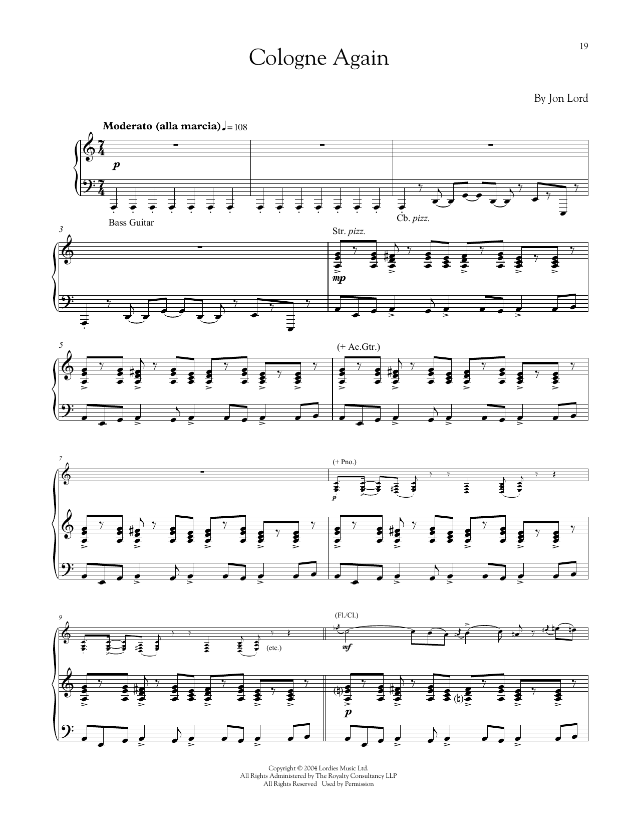 Jon Lord Cologne Again sheet music notes and chords arranged for Piano Solo