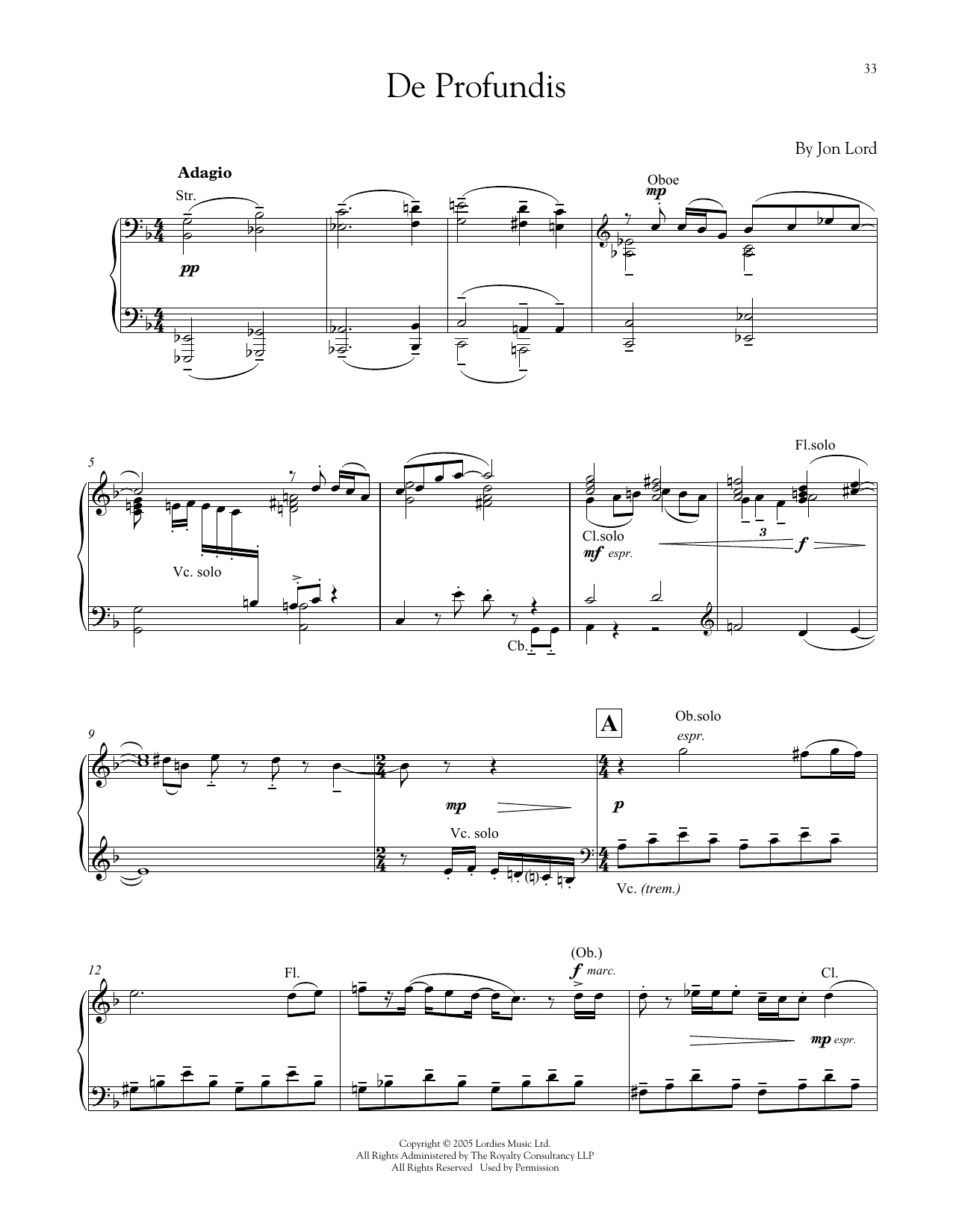 Jon Lord De Profundis sheet music notes and chords arranged for Piano Solo
