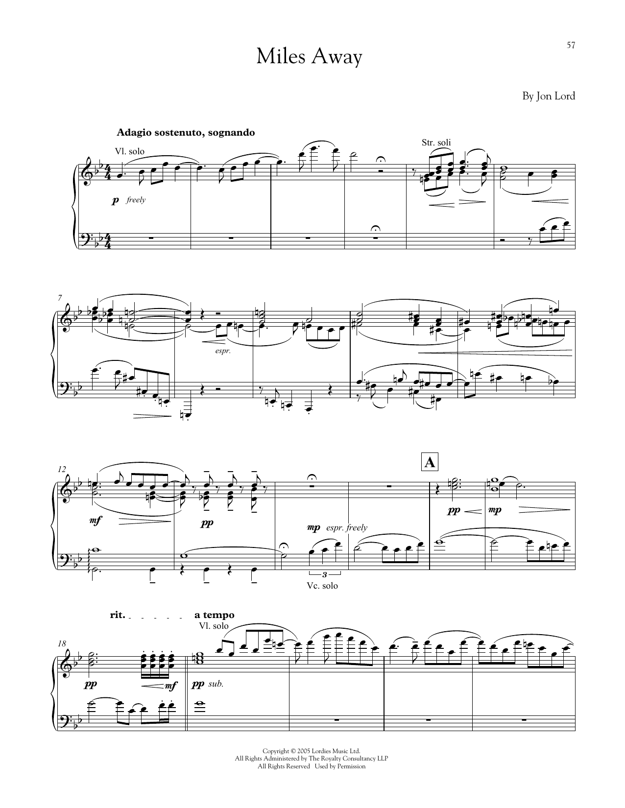 Jon Lord Miles Away sheet music notes and chords arranged for Piano Solo
