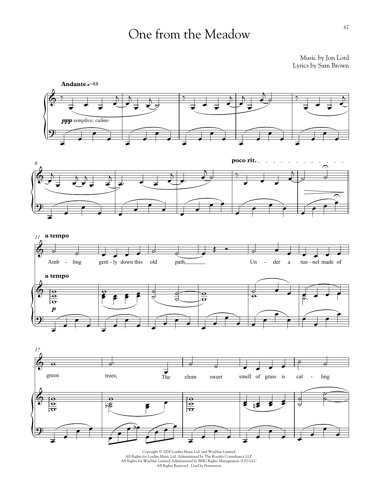 Jon Lord One From The Meadow sheet music notes and chords arranged for Piano & Vocal