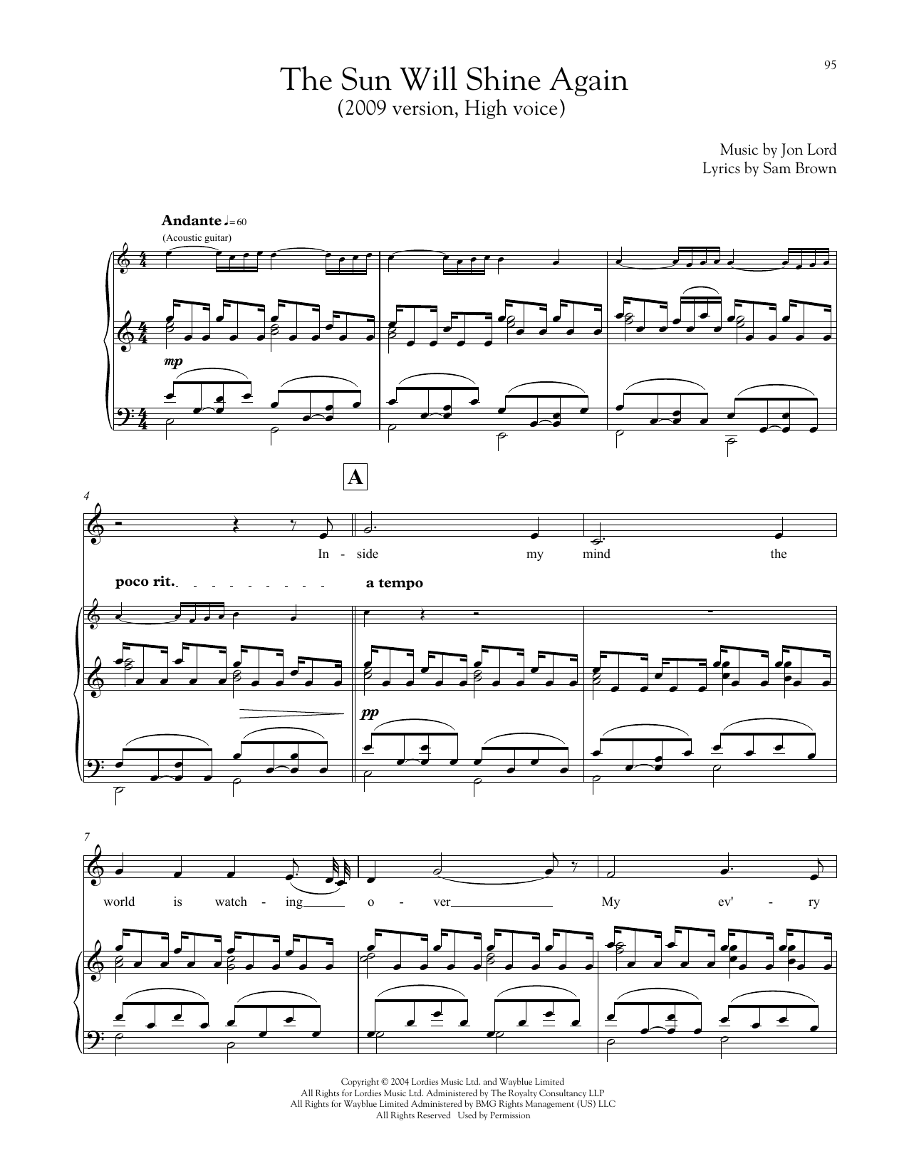 Jon Lord The Sun Will Shine Again sheet music notes and chords arranged for Piano & Vocal
