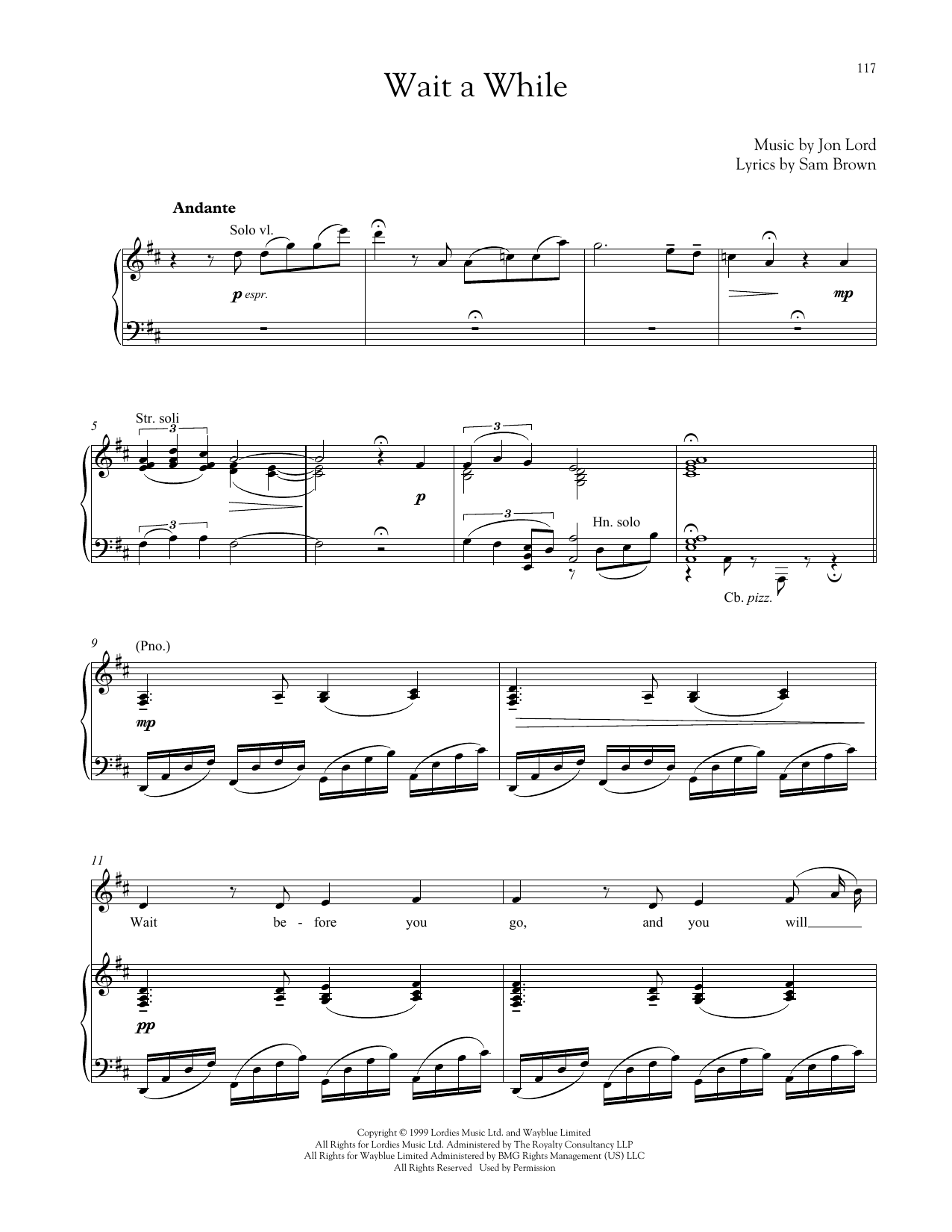 Jon Lord Wait A While sheet music notes and chords arranged for Piano & Vocal