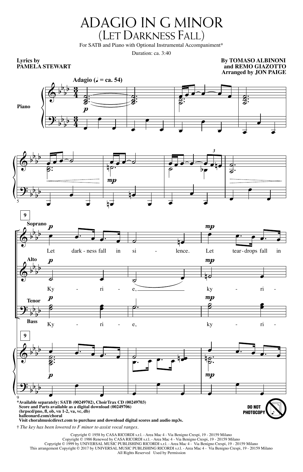Jon Paige Adagio In Sol Minore (Adagio In G Minor) sheet music notes and chords arranged for SATB Choir