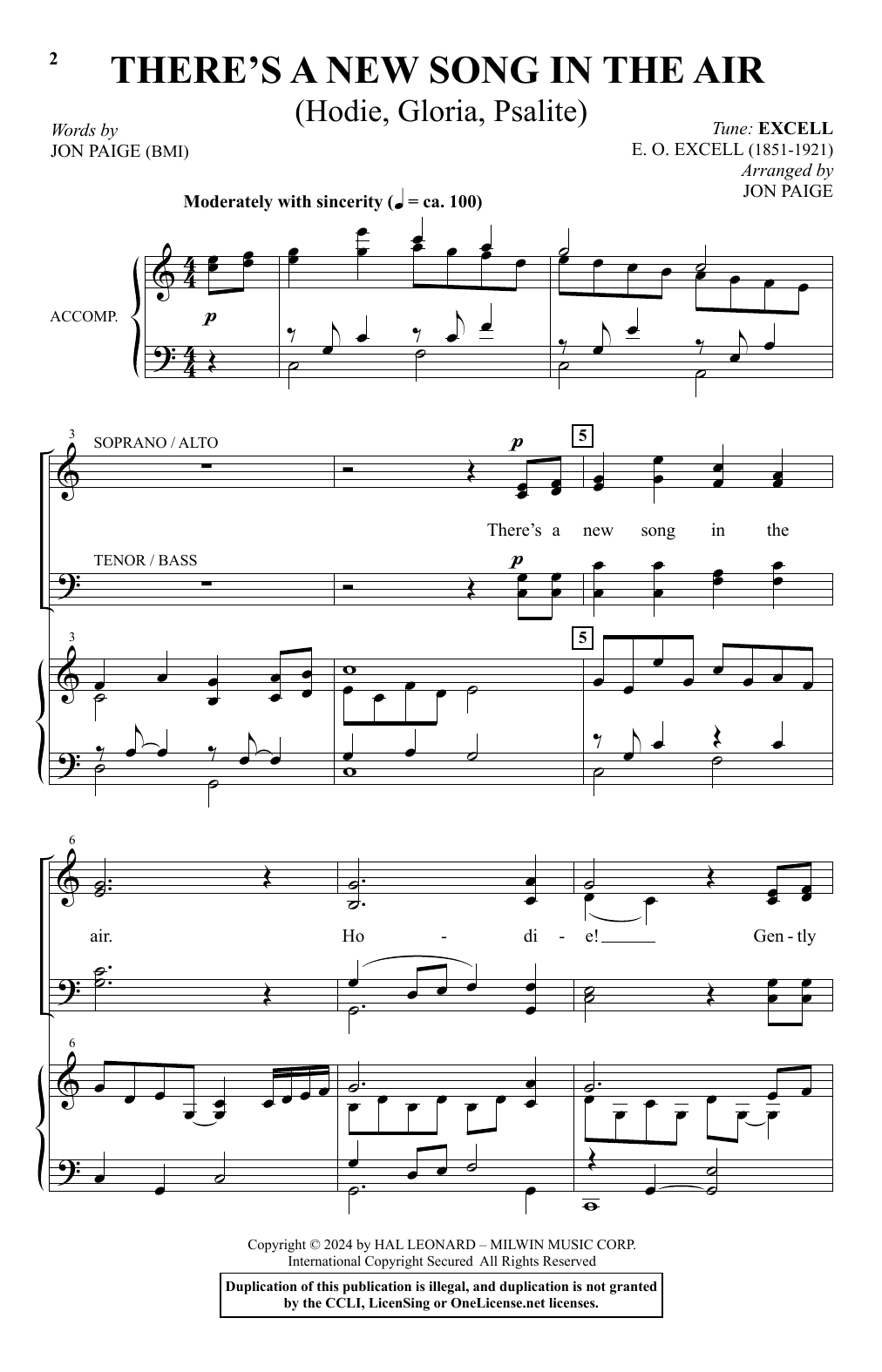 Jon Paige There's A New Song In The Air (Hodie, Gloria, Psallite) sheet music notes and chords arranged for SATB Choir