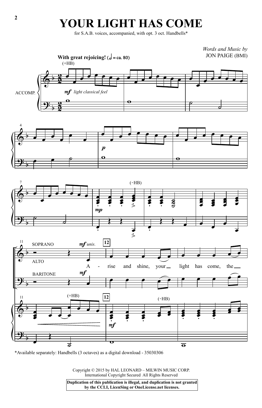 Jon Paige Your Light Has Come sheet music notes and chords arranged for SAB Choir