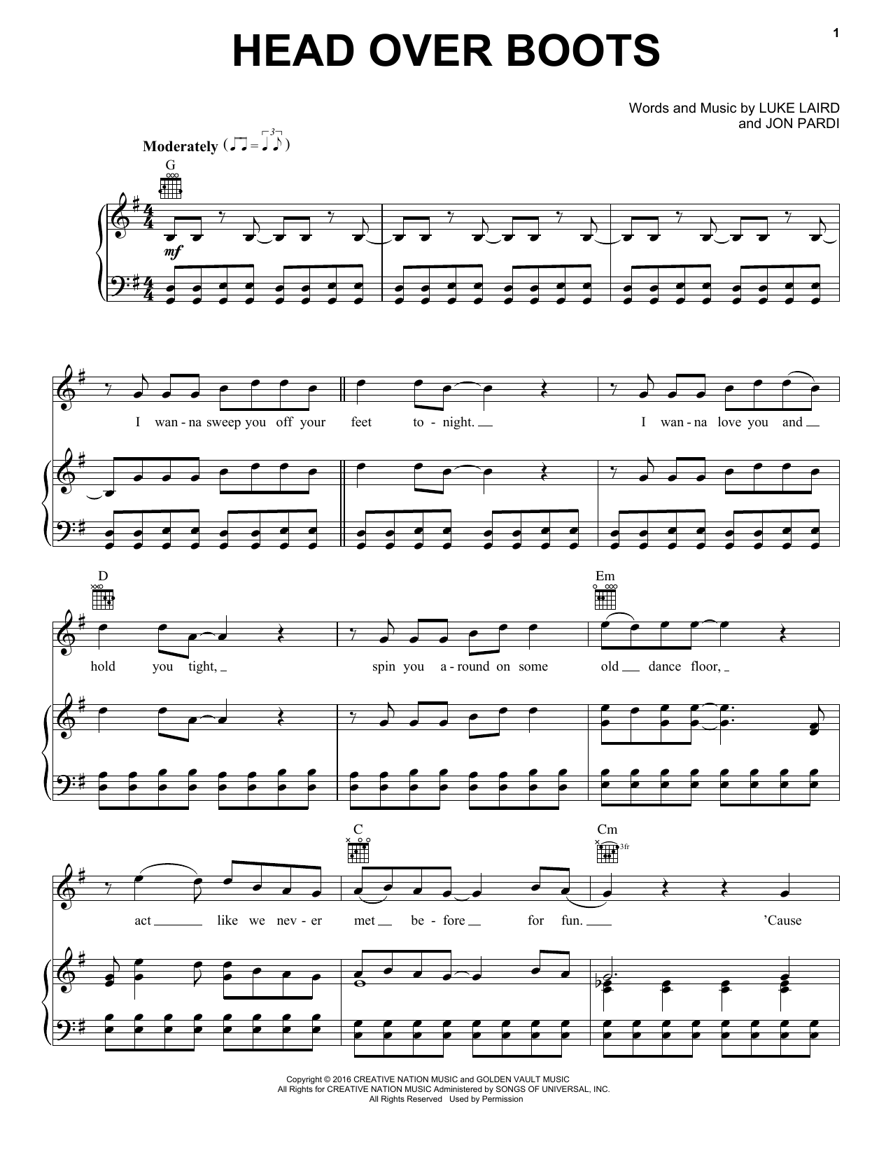 Jon Pardi Head Over Boots sheet music notes and chords arranged for Piano, Vocal & Guitar Chords (Right-Hand Melody)