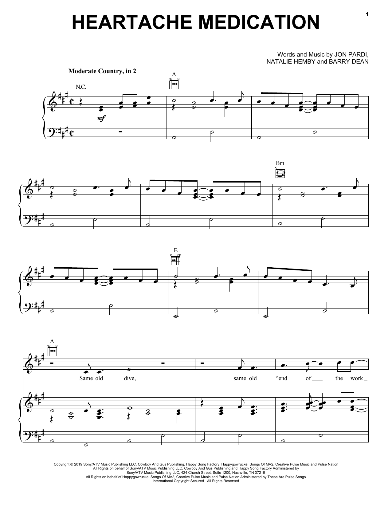 Jon Pardi Heartache Medication sheet music notes and chords arranged for Piano, Vocal & Guitar Chords (Right-Hand Melody)
