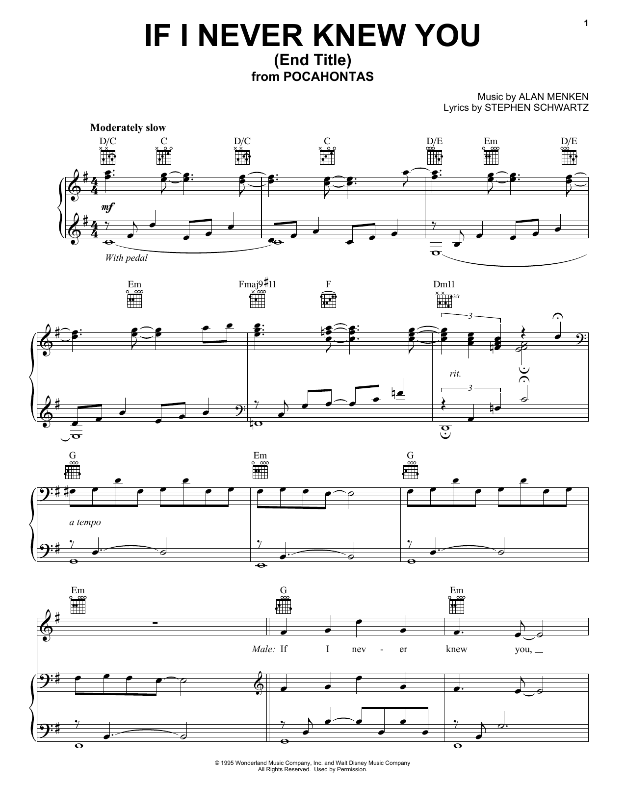 Jon Secada If I Never Knew You (End Title) (from Pocahontas) sheet music notes and chords arranged for Piano, Vocal & Guitar Chords (Right-Hand Melody)