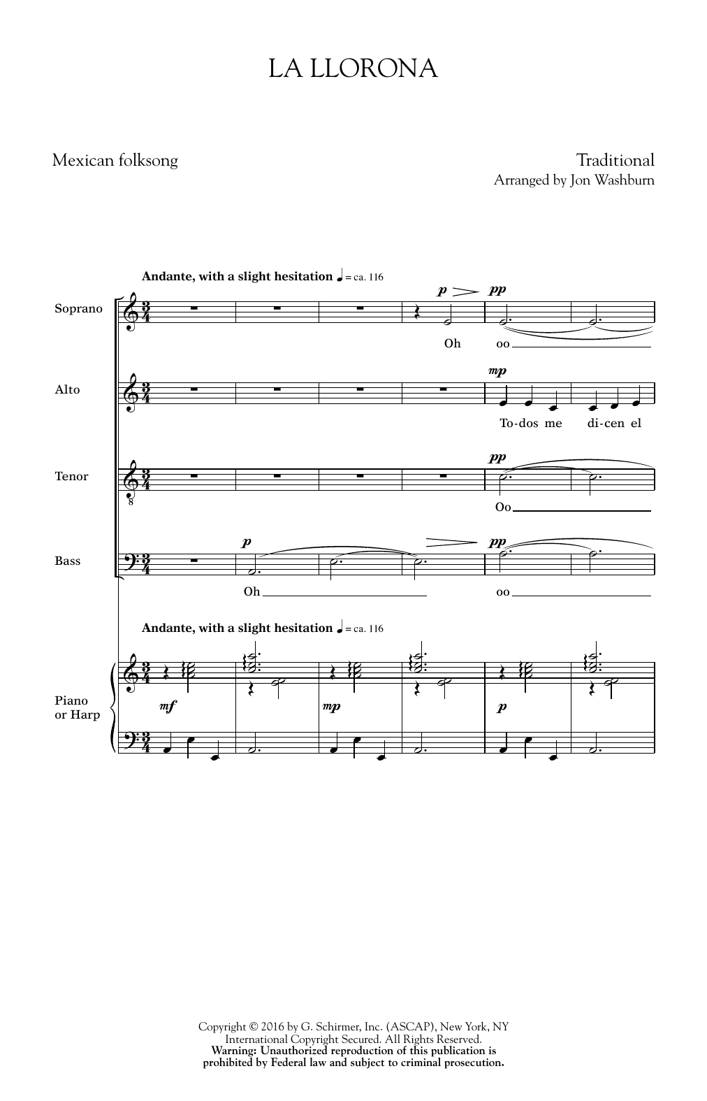 Jon Washburn La Llorona sheet music notes and chords arranged for SATB Choir