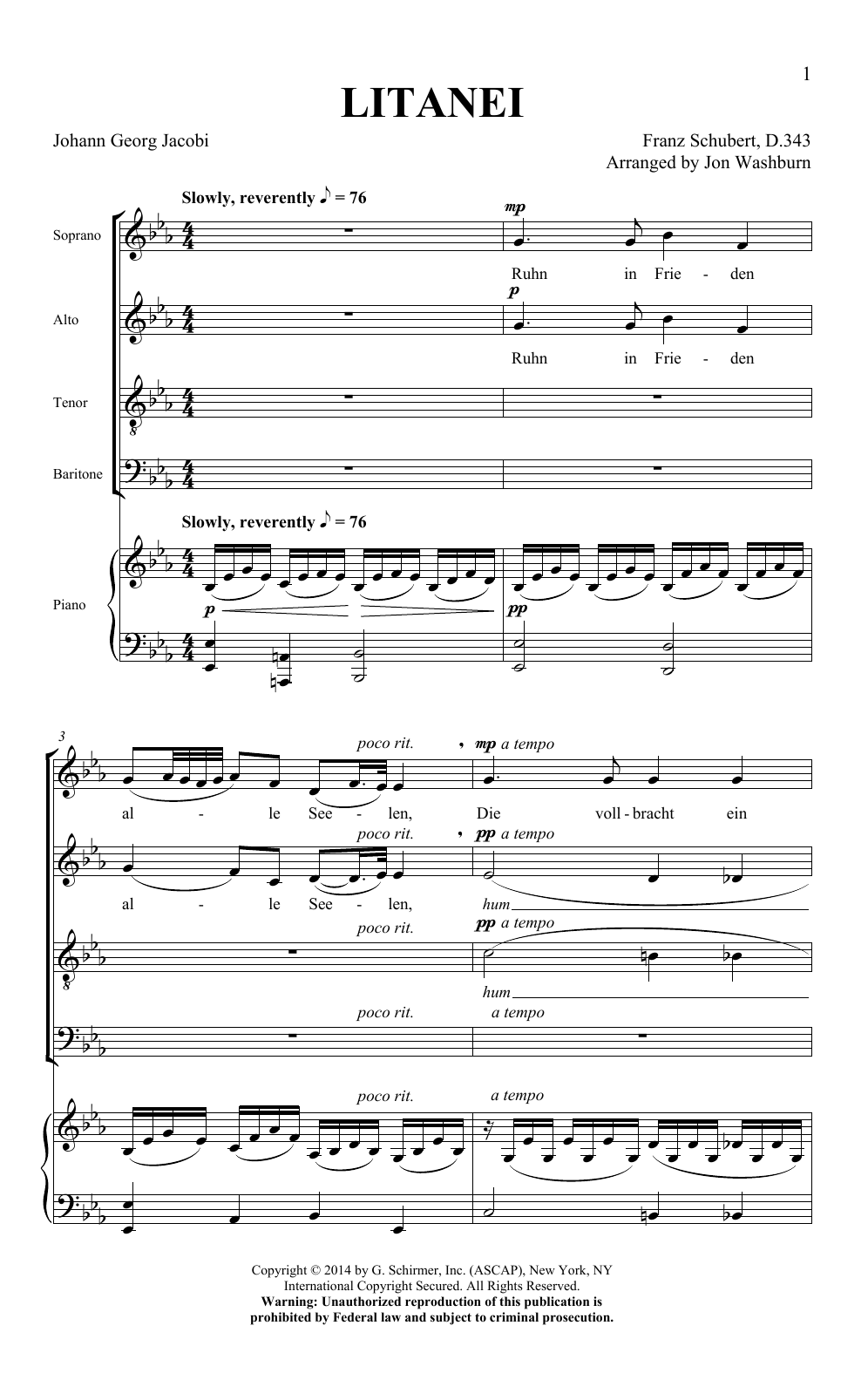Jon Washburn Litanei sheet music notes and chords arranged for SATB Choir