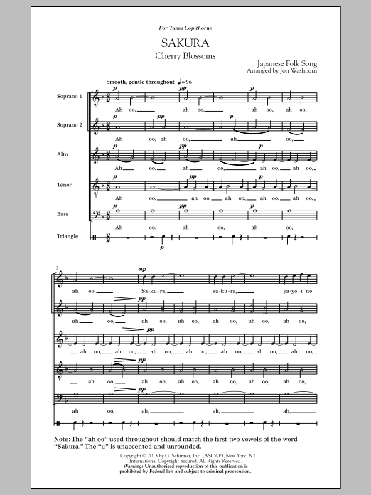 Jon Washburn Sakura (Cherry Blossoms) sheet music notes and chords arranged for SATB Choir