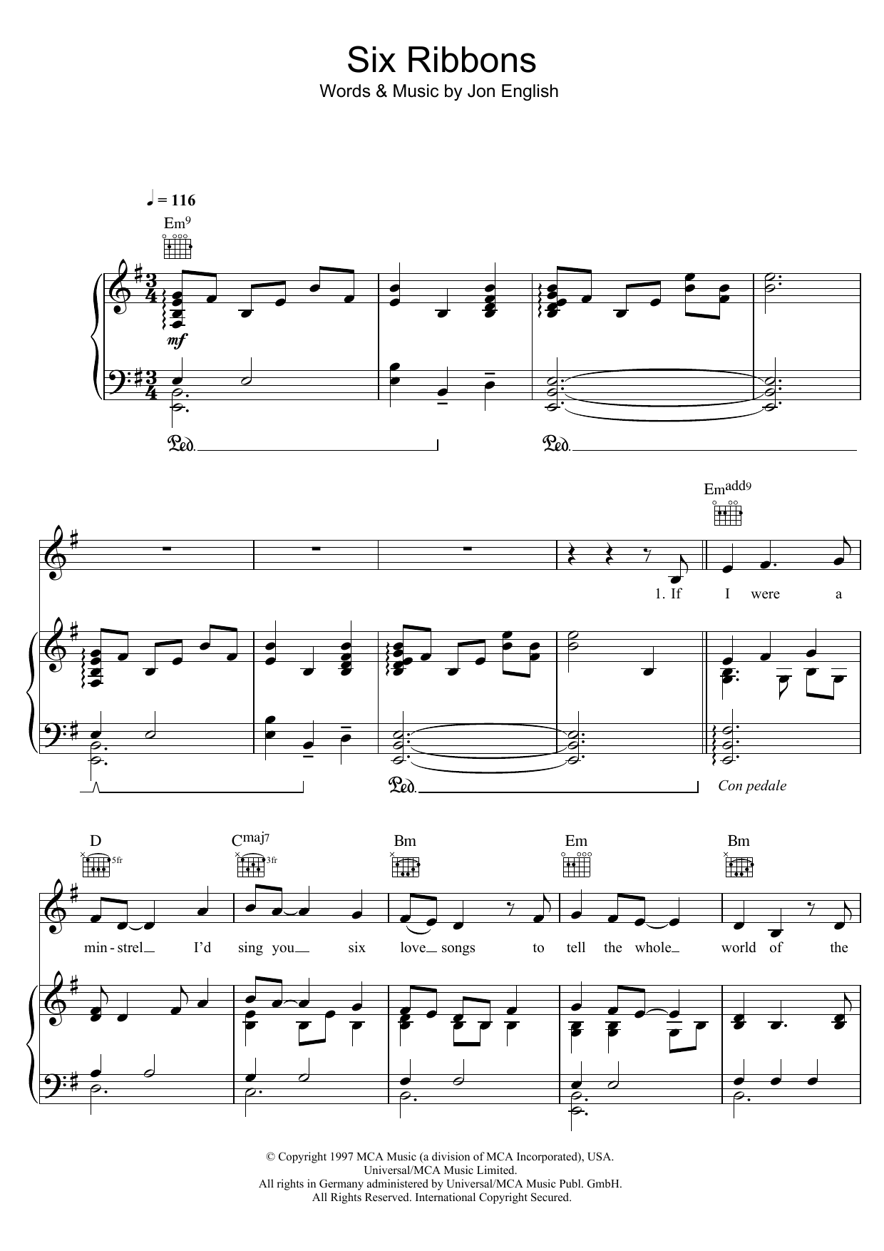 Jon English Six Ribbons sheet music notes and chords arranged for Piano, Vocal & Guitar Chords