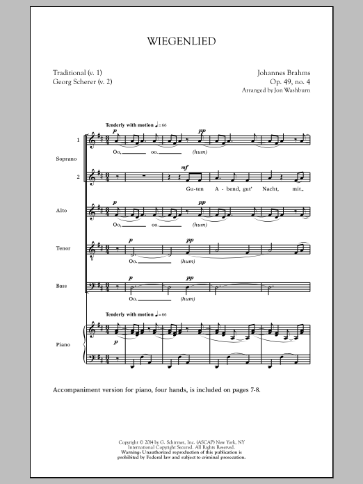 Jon Washburn Wiegenlied sheet music notes and chords arranged for SSATB Choir