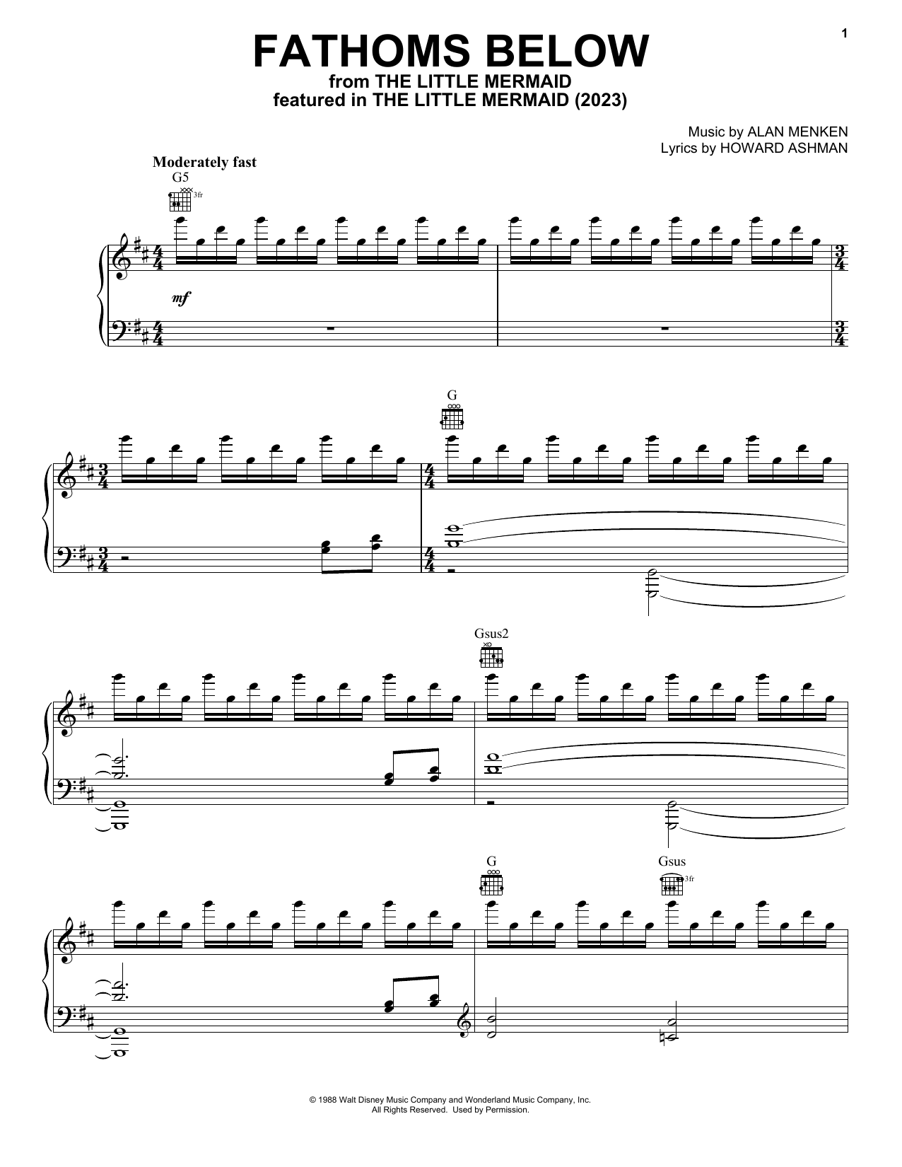 Jonah Hauer-King, John Dagleish and Christopher Fairbank Fathoms Below (from The Little Mermaid) (2023) sheet music notes and chords arranged for Piano, Vocal & Guitar Chords (Right-Hand Melody)