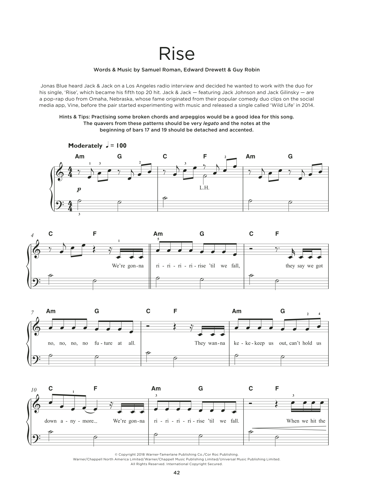 Jonas Blue feat. Jack & Jack Rise sheet music notes and chords arranged for Really Easy Piano