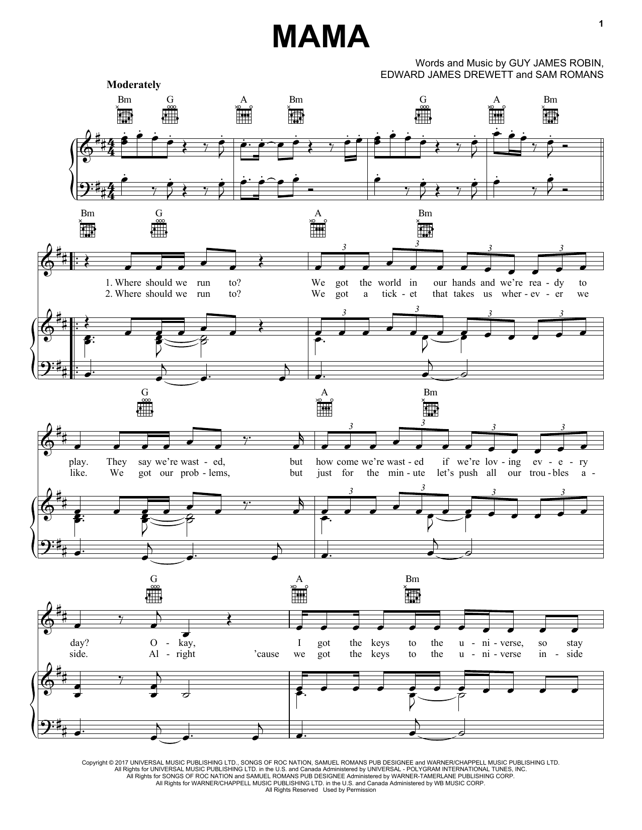 Jonas Blue (feat William Singe) Mama sheet music notes and chords arranged for Piano, Vocal & Guitar Chords (Right-Hand Melody)