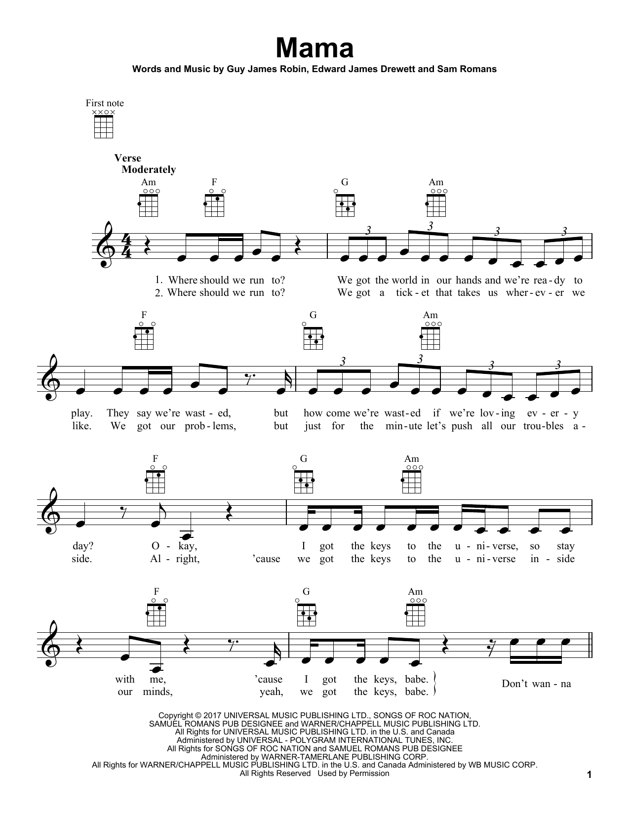 Jonas Blue Mama (feat. William Singe) sheet music notes and chords arranged for Beginner Ukulele
