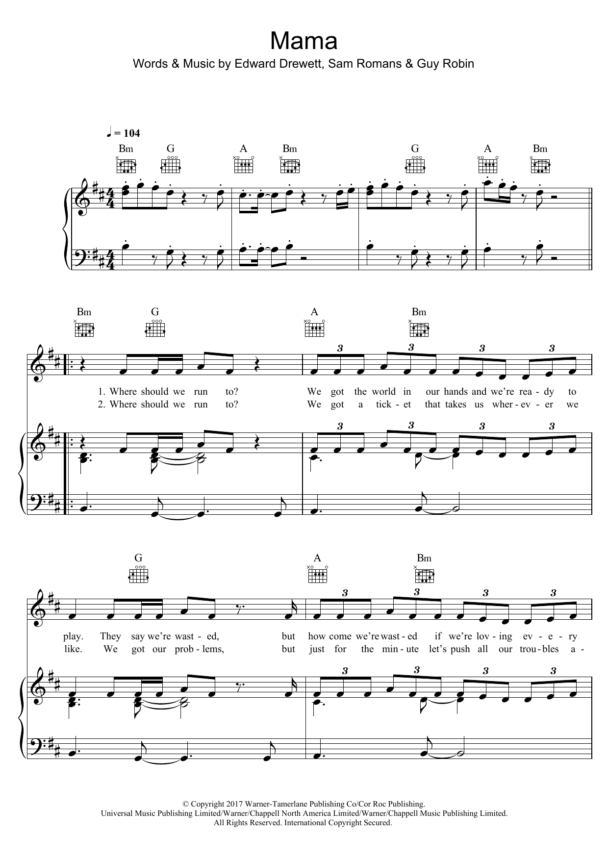 Jonas Blue Mama (featuring William Singe) sheet music notes and chords arranged for Piano, Vocal & Guitar Chords