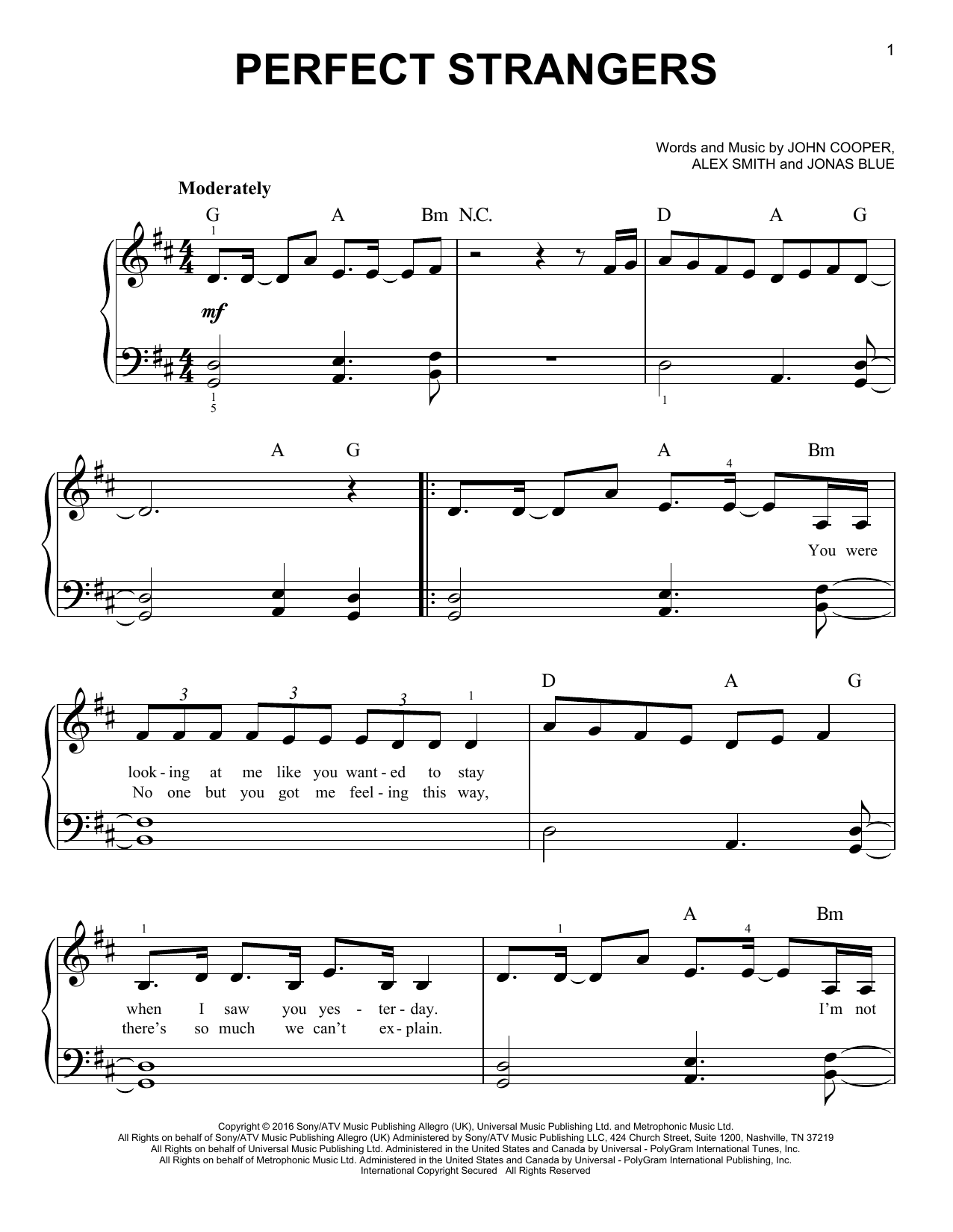 Jonas Blue Perfect Strangers (feat. JP Cooper) sheet music notes and chords arranged for Easy Piano