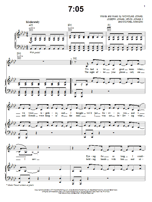Jonas Brothers 7:05 sheet music notes and chords arranged for Piano, Vocal & Guitar Chords (Right-Hand Melody)