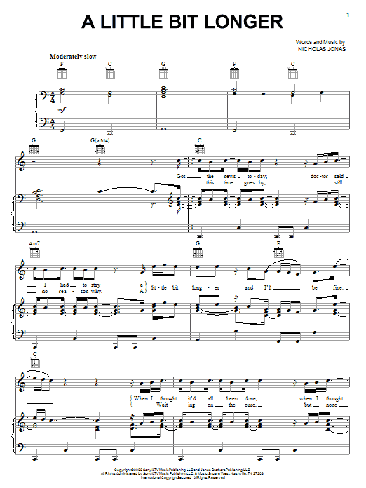 Jonas Brothers A Little Bit Longer sheet music notes and chords arranged for Piano, Vocal & Guitar Chords (Right-Hand Melody)
