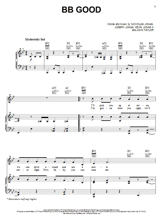 Jonas Brothers BB Good sheet music notes and chords arranged for Piano, Vocal & Guitar Chords (Right-Hand Melody)