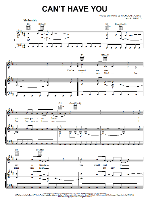 Jonas Brothers Can't Have You sheet music notes and chords arranged for Easy Piano